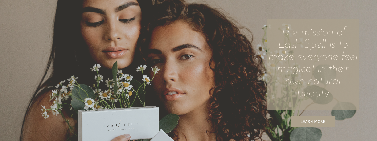 Lash Spell mission statement with two girls faces holding lash spell white product box and spring flowers